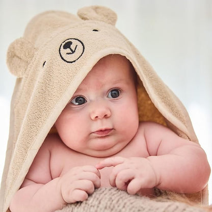 Baby Hooded Towel – Organic Cotton Baby Bath Towels, 32" x 32" Super-Soft and Absorbent Baby Towels for Newborn 2-Pack (TW Bear Fog/R. Roman Green)