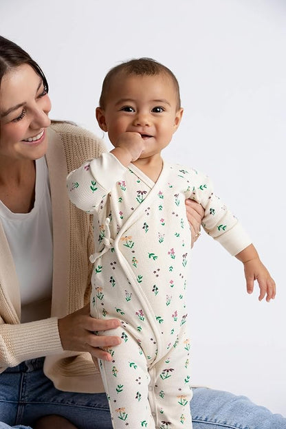 monica + andy Kimono Tie Long Sleeve One Piece, 100% Organic Baby Clothes for Girls & Boys, Preemie, Newborn & Infant