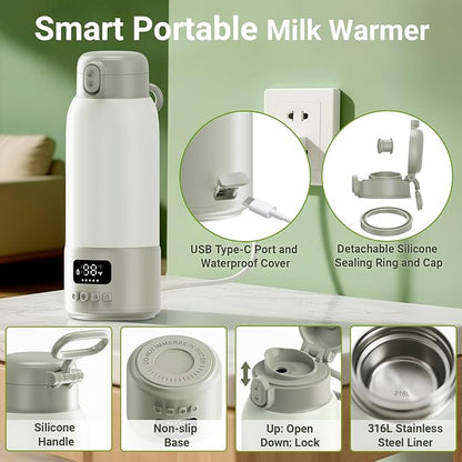 Portable Milk Warmer, 17oz Large Capacity Bottle Warmer for Baby, Fast Heating for Breast Milk & Formula & Water, Long Battery Life Portable Bottle Warmer for Travel with Pasteurization