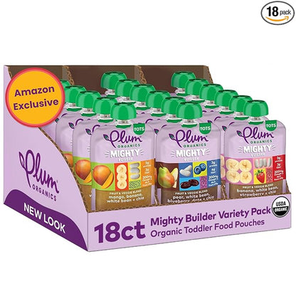 Plum Organics - 12+ Months Organic Baby Food Variety Pack - 3 Flavors - Non-GMO - Fruit & Veggie Blends On-The-Go Pouches for Baby and Toddler Meals - Quality Tested Ingredients - 4 oz (Pack Of 18)