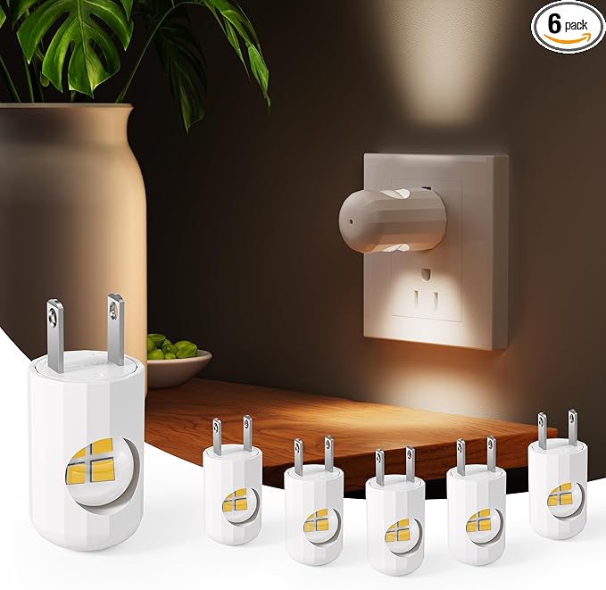6-Pack Mini LED Plug-in Night Light, Auto On/Off with Dusk to Dawn Sensor, 2700K Warm White, 360° Adjustable Lighting for Bedroom, Bathroom, Hallway, Stairs, Kids Room