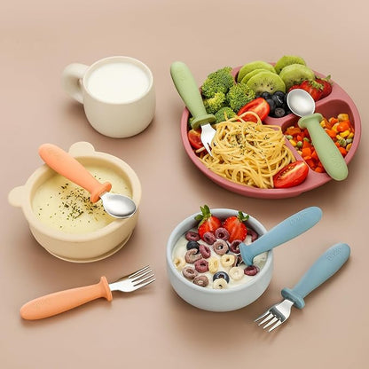 DRKIO 6 Pieces Toddler Utensils Set - Kids Silverware Set with Silicone Handle Children Safe 18/8 Stainless Steel Forks and Spoons Anti-Choke Design Food Grade Dishwasher Safe