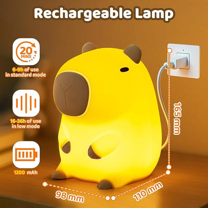 Huggwaii Squishy Capybara Night Light for Kids - Soft Silicone Tap-Control Kids Night Light with 2 Brightness Levels & 20-Min Timer, Cute Lamp for Nursery Bedroom Decor, Baby Gift (1200mAh Battery)