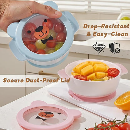 Ceramic Suction Bowl for Babies and Toddlers, Non-Slip Silicone Suction Cup, BPA-Free Lids, Independent feeding, First Stage Self Feeding Essential, Led Weaning Snack Feeder BLUE