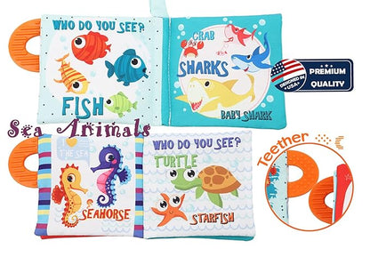 Baby Book Toy, Soft Cloth Crinkle Books for Babies with Teether, Infant Toys 0-3-6-12-18 Months, Shower Baby Gifts, Teething Toy for Boys Girls- Fish, Shark-1PC Book