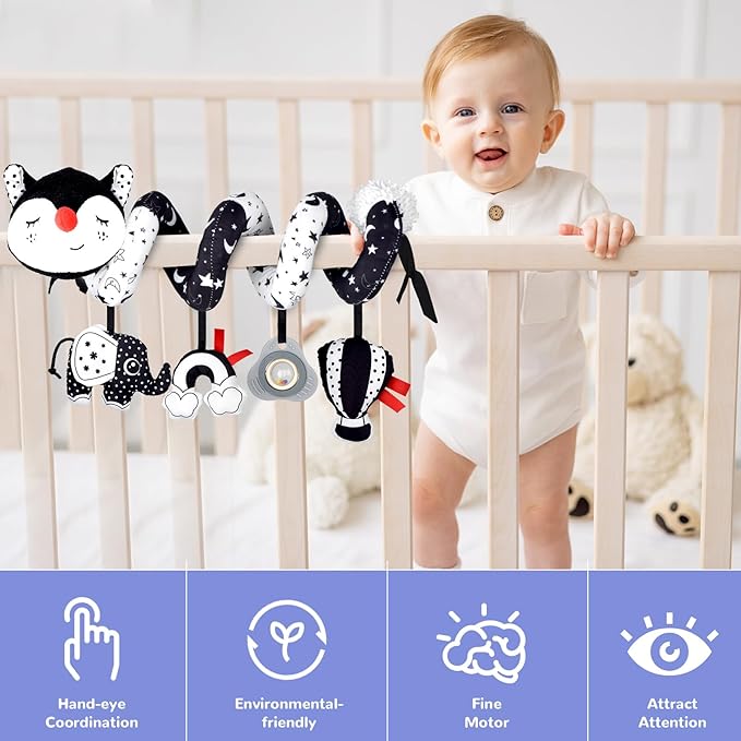 XIXILAND Musical Car Seat Toy Black and White Baby Toys, Infant Toys 0-6 Months Stroller Toy, High Contrast Newborn Developmental Gift for 0 3 6 9 12 Months Girls Boys Babies