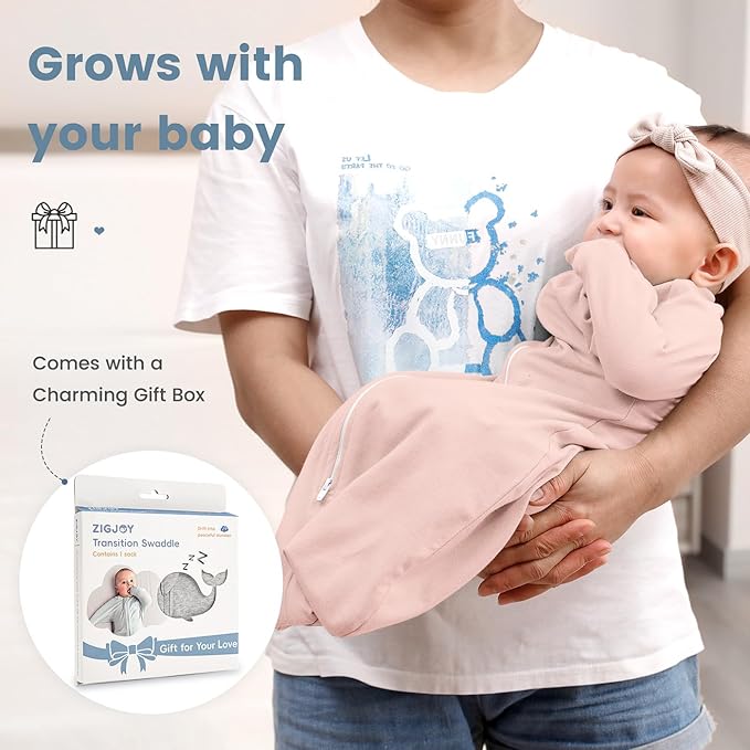 ZIGJOY Baby Transitional Swaddles for Newborns: 0.5 Tog Arms Up Sleep Sack 3-6-12 Months Soft Cotton Shark Fin 2 Way Zipper