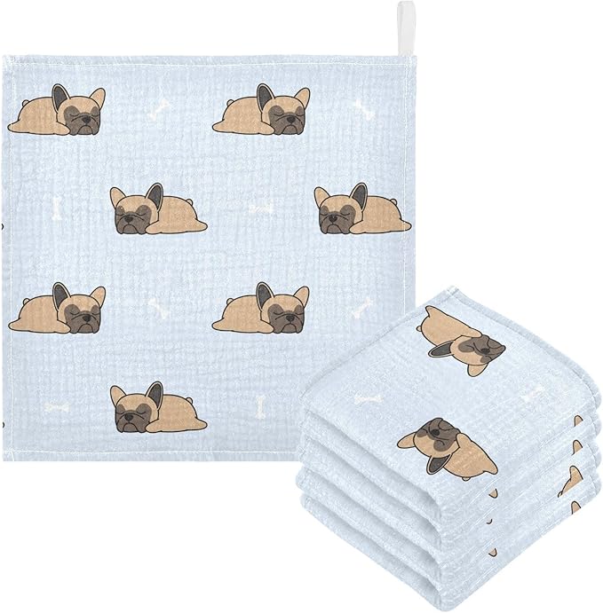 vvfelixl Baby Muslin Washcloths Cute French Bulldog Sleeping Baby Burp Cloths Cotton Baby Face Towel for Newborn Infants Boys Girls Soft and Absorbent 11.8 X 11.8 in, 3 Pack