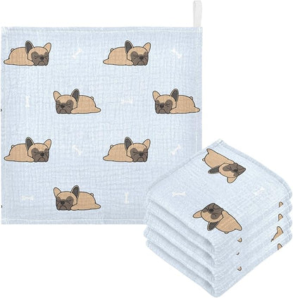 vvfelixl Baby Muslin Washcloths Cute French Bulldog Sleeping Baby Burp Cloths Cotton Baby Face Towel for Newborn Infants Boys Girls Soft and Absorbent 11.8 X 11.8 in, 3 Pack