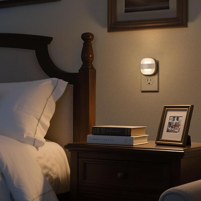 DORESshop Led Night Lights Plug Into Wall, 4 Packs Foldable Plug in Night Light Portable Dimmable Mini with Dusk to Dawn Sensor, 3000K Ideal Travel Night Light for Bedroom, Stairs, Hallway