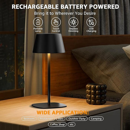 FUYO 2 Pack Rechargeable Table Lamp, Cordless Battery Operated Lamp, Waterproof Shower Lamp with 3 Colors Stepless Dimming, Desk Night Lamp for Bathroom Bedroom Patio Camping Restaurant (Black)