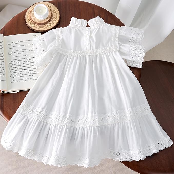 Summer Toddler Girls’ Cotton - Spandex Frilled Princess Dress with Lace Trim and Flutter Sleeves