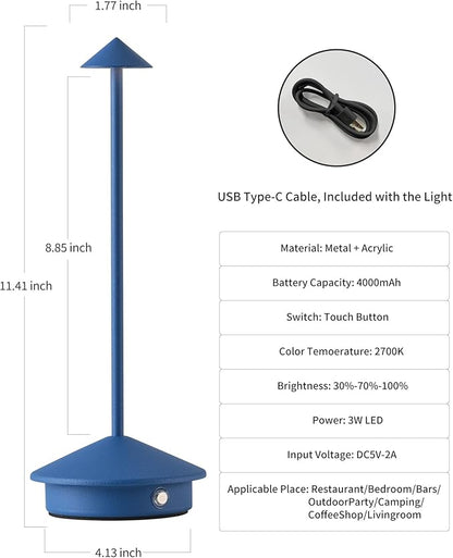 Modern Cordless Table Lamp Set of 2, Portable LED Desk Lamps, 4000mAh Rechargeable Battery Operated Lighting for Bedroom Dining Room Restaurant Coffee Shop Outdoor Camping Night Light (Blue)