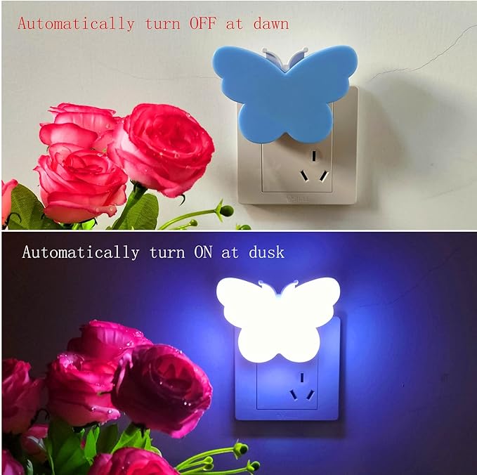 2pcs Butterfly LED Plug-in Night Light, Plug Into Wall Night Lights with Smart Dusk to Dawn Sensor, Auto On/Off, Suitable for Bedroom Bathroom Hallway Kids Room (Pink Light + Blue Light)
