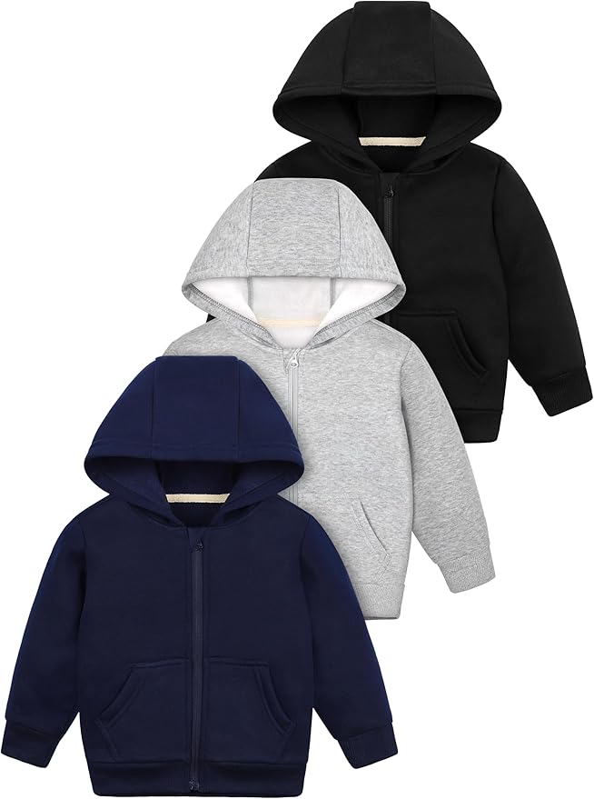 Cooraby 3 Packs Baby and Toddler Boys Long Sleeve Full-Zip Hoodies Infant Fleece Hooded Sweatshirts Jacket with Pouch Pockets