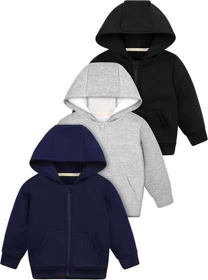 Cooraby 3 Packs Baby and Toddler Boys Long Sleeve Full-Zip Hoodies Infant Fleece Hooded Sweatshirts Jacket with Pouch Pockets