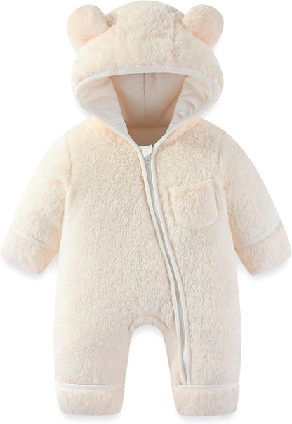 Newborn Baby Bear Outfit With Fold-Over Mittens and Footies Girls Boys Winter Fleece Clothes Hooded Romper Snowsuit