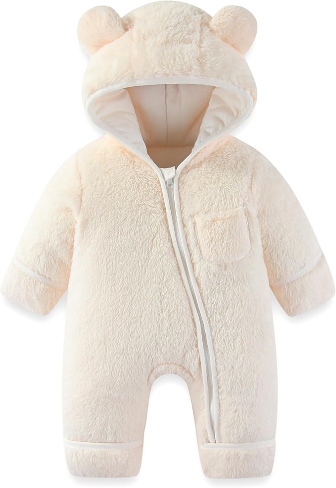 Newborn Baby Bear Outfit With Fold-Over Mittens and Footies Girls Boys Winter Fleece Clothes Hooded Romper Snowsuit