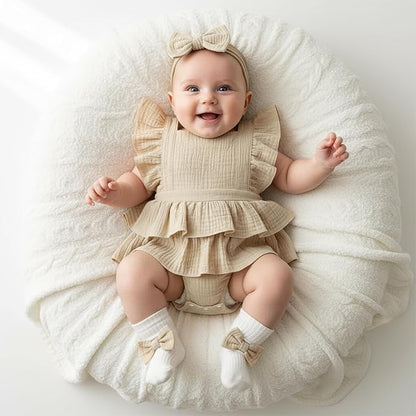 Thorn Tree Baby Girl Summer Clothes Newborn Outfit Ruffle Romper Infant Baby Dress Bow Headband Solid Cute Outfits Girls