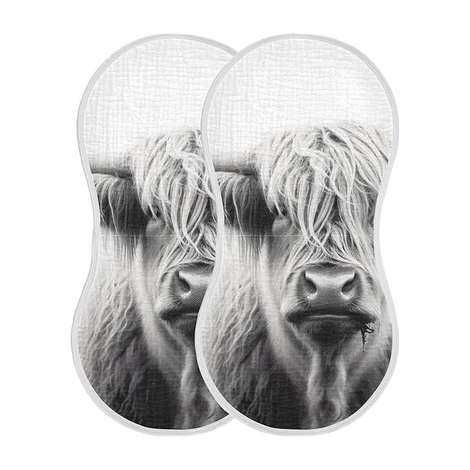 Muslin Baby Burp Cloths Set of 4, Soft Absorbent Highland Cow Muslin Washcloths, Bibs, Face Towel for Newborn Boys Girls, 22 x 11 Inch