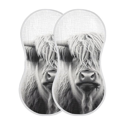 Muslin Baby Burp Cloths Set of 4, Soft Absorbent Highland Cow Muslin Washcloths, Bibs, Face Towel for Newborn Boys Girls, 22 x 11 Inch