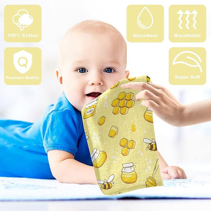 Baby Washcloths Cotton Flying Bees Honey Baby Muslin Washcloths Soft Baby Face Towel for Newborn Infants Baby Wipes, 11.8 X 11.8 Inch, 3 Pack Yellow