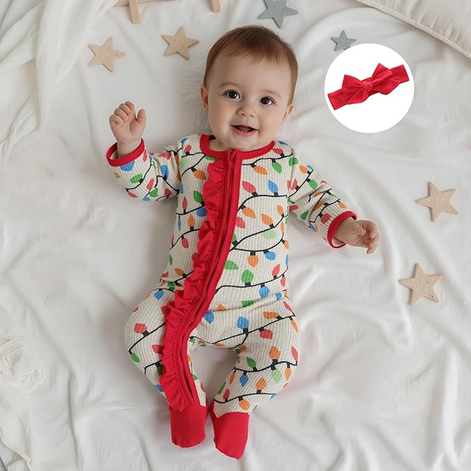 Baby Girl Boy Christmas Outfit Long Sleeve Lights Zipper Footie Romper Cute Newborn Infant Waffle Jumpsuit