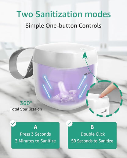 GROWNSY Pacifier Sanitizer Portable, UV Light Sanitizer on The Go for Baby, USB Charging Sanitizer Case, Mini Pacifier Sanitizer 99.99% Cleaned in 59 Seconds (White)