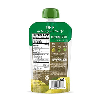 Happy Baby Organics Stage 2 Baby Food Pouches, Gluten Free, Vegan & Healthy Snack, Clearly Crafted Fruit & Veggie Puree, Pears, Kale & Spinach, 4 Ounces (Pack of 16)
