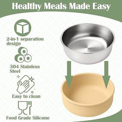 Mity rain Stainless Steel & Silicone Bowls for Baby - 4-Piece Suction Plates & Bowls for Toddlers,Removable Silicone Shell,Non-Slip Baby Food Bowl with Unbreakable Design (Baby Bowls with Suction)