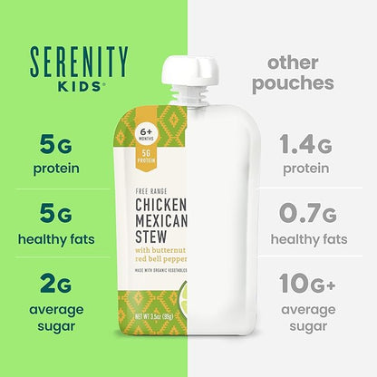 Serenity Kids 6+ Months Chicken Mexican Stew Baby Food Pouch - 3.5 oz, Pack of 12 - DV 5g Protein Baby Protein Pouches - Chicken Veggie Puree - On-the-Go Convenience