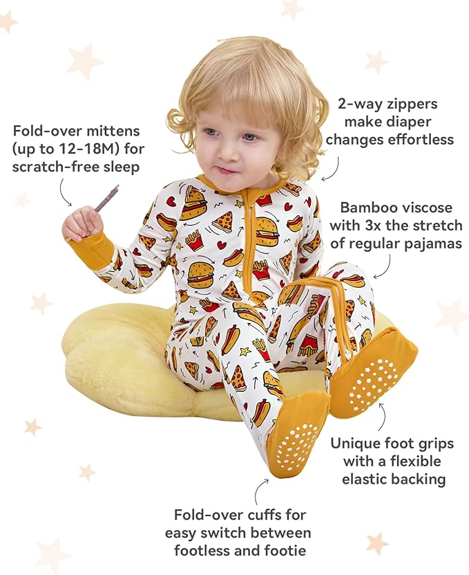 Bamboo Viscose Baby Convertible Footie Pajama, Zipper Pajamas for Baby Boys & Girls, Sleep & Play Footed Pjs