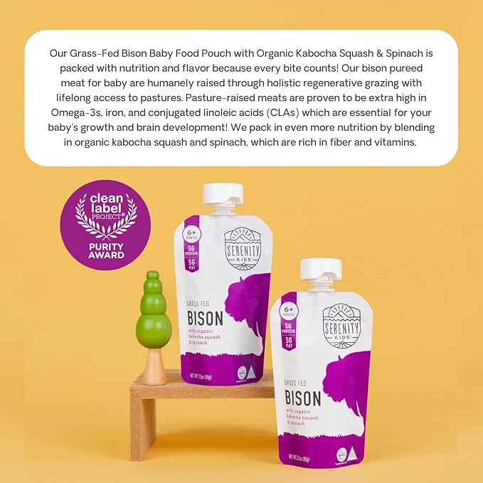 Serenity Kids 6+ Months Baby Food Pouches Puree Made With Ethically Sourced Meats & Organic Veggies | 3.5 Ounce BPA-Free Pouch | Grass Fed Bison, Kabocha Squash, Spinach | 1 Count