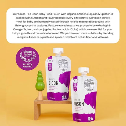 Serenity Kids 6+ Months Baby Food Pouches Puree Made With Ethically Sourced Meats & Organic Veggies | 3.5 Ounce BPA-Free Pouch | Grass Fed Bison, Kabocha Squash, Spinach | 1 Count