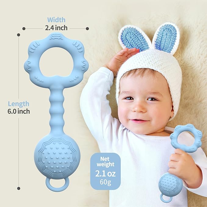 Teethers for Babies 6-12 Months, Rattles for Babies 0-6 Months, 2-in-1 Rattle and Teether Toy for Soothing Sore Gums and Keeps Little Ones Entertained, Food Grade Silicone, Blue