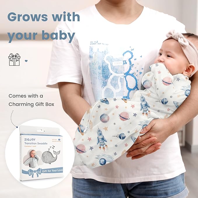 ZIGJOY Baby Transitional Swaddles for Newborns: 0.5 Tog Arms Up Sleep Sack 3-6-12 Months Soft Cotton Shark Fin 2 Way Zipper