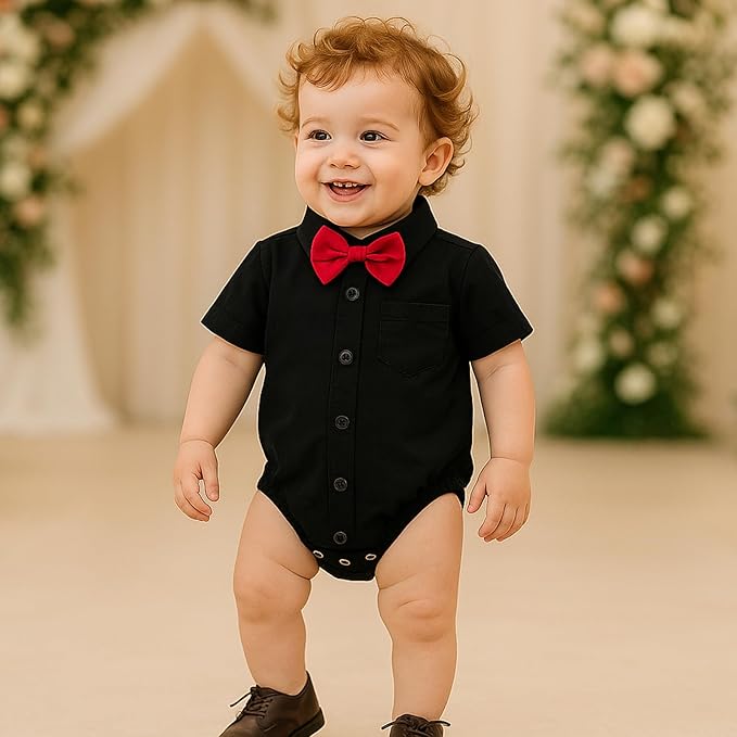 SOBOWO Baby Boys Dress Shirt Onsie Infant Short Sleeve Button Down One-Piece Romper Formal Wedding Gentleman Outfits 0-24M