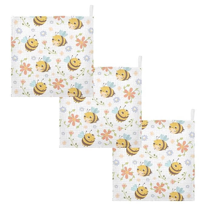 vvfelixl Baby Washcloths Cotton Bumble Bee Flowers Baby Muslin Washcloths Soft Baby Face Towel for Newborn Infants Baby Wipes, 11.8 X 11.8 Inch, 3 Pack White