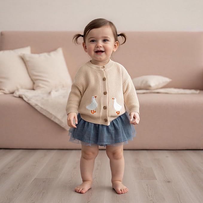 Baby Girl Cardigan Sweater Toddler Goose Embroidered Button Down Knit Sweaters Fall Winter Knitwear Jacket Clothes