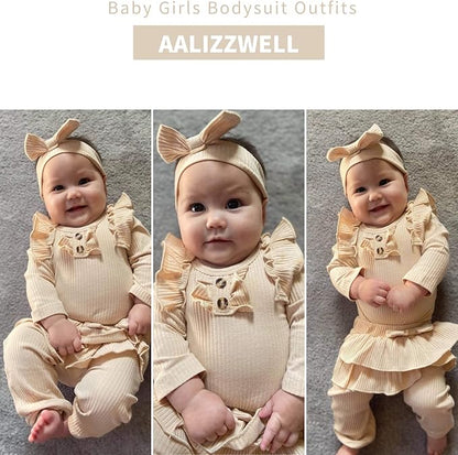 Aalizzwell Preemie Newborn Infant Baby Girls Clothes Ribbed Bodysuit Pants Set Fall Winter Outfits