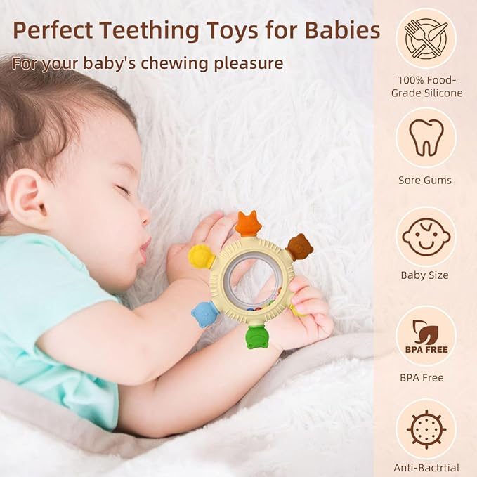 Baby Teething Toys Teething Rings Silicone Teethers for Babies 6-12 Months Baby Rattles & Plush Rings Sensory Toys for Soothing Sore Gums for Newborn Infant Essentials (Animals)