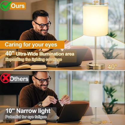 Lynnoland Set of 2 Touch Control Table Lamps with 2 USB & AC Outlet, 3-Way Dimmable Bedside Nightstand Lamps for Bedroom Living Room Nursery, 800 Lumens 3000K Warmlight Bulbs Included