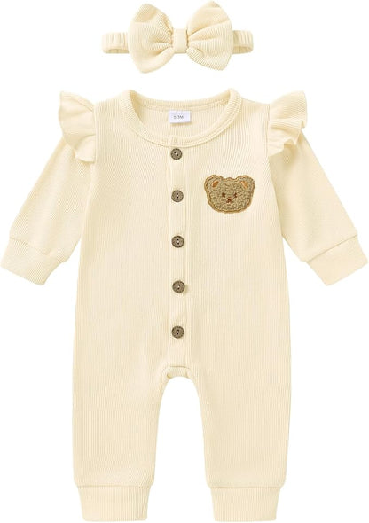 Newborn Baby Girl Cute Bear Ruffle Long Sleeve Jumpsuit Ribbed Bodysuit One-Piece Button Romper with Headband 0-18M