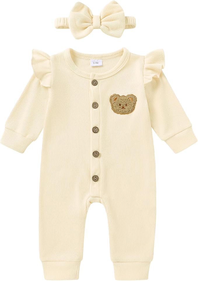 Newborn Baby Girl Cute Bear Ruffle Long Sleeve Jumpsuit Ribbed Bodysuit One-Piece Button Romper with Headband 0-18M
