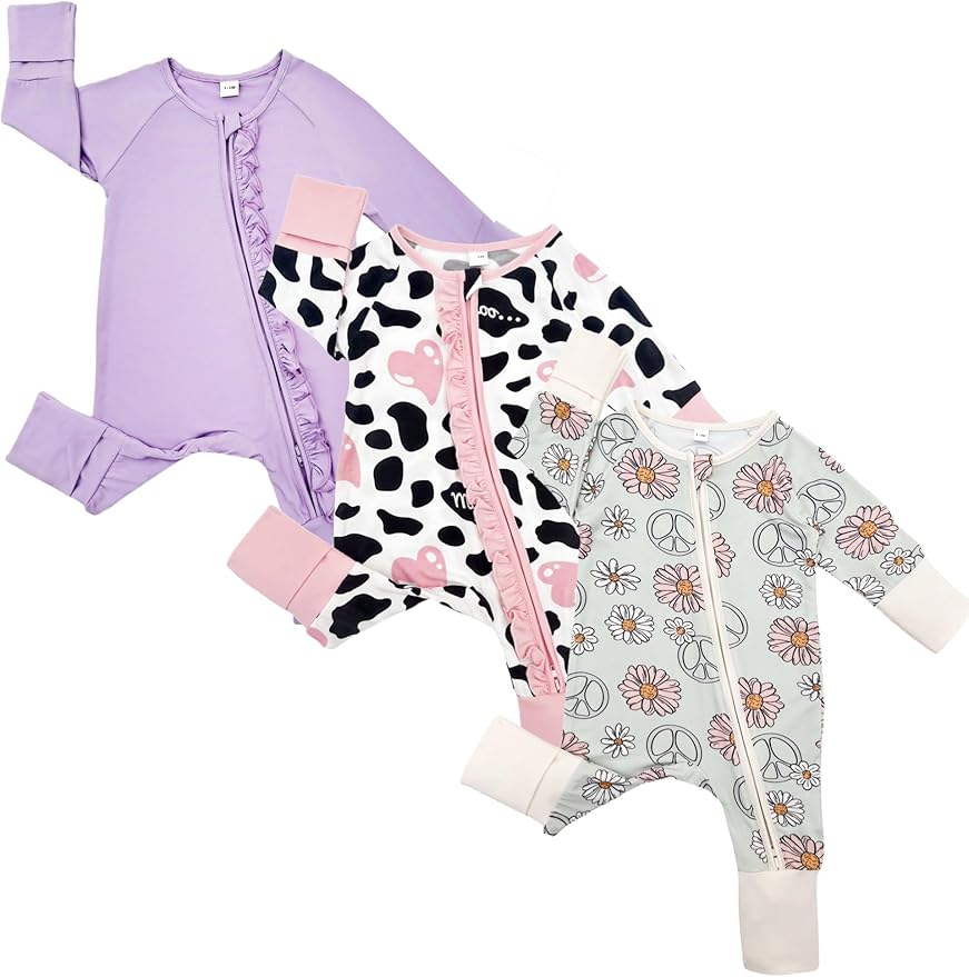 Bow Dream Bamboo Rayon Baby Boy Romper Footed Long Sleeve Footies Newborn Girl Clothes Footless with Zipper and Mitten Cuffs