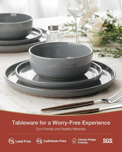 Famiware Milkyway Stoneware Dinnerware Sets with Mugs, Service for 4 (16pcs), Plates and Bowls Sets, Scratch Resistant, Microwave and Dishwasher Safe Dishes Set, Dark Gray