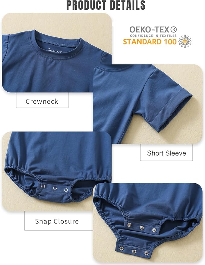 Jimonda Baby Boy Girl Bubble Romper Solid Color Bodysuit Short Sleeve Organic Cotton T-Shirt