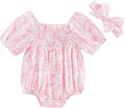 Infant Baby Girls Romper Floral Ruffle Sleeve Pleated Smocked Bubble One Piece Ruched Jumpsuit Summer Bodysuit