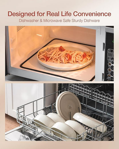 Famiware Milkyway Plates and Bowls Sets, 18 Pieces Dinnerware Sets, Reactive Glaze Dish Set, Stoneware Dishes Set for 6, Matte Beige White