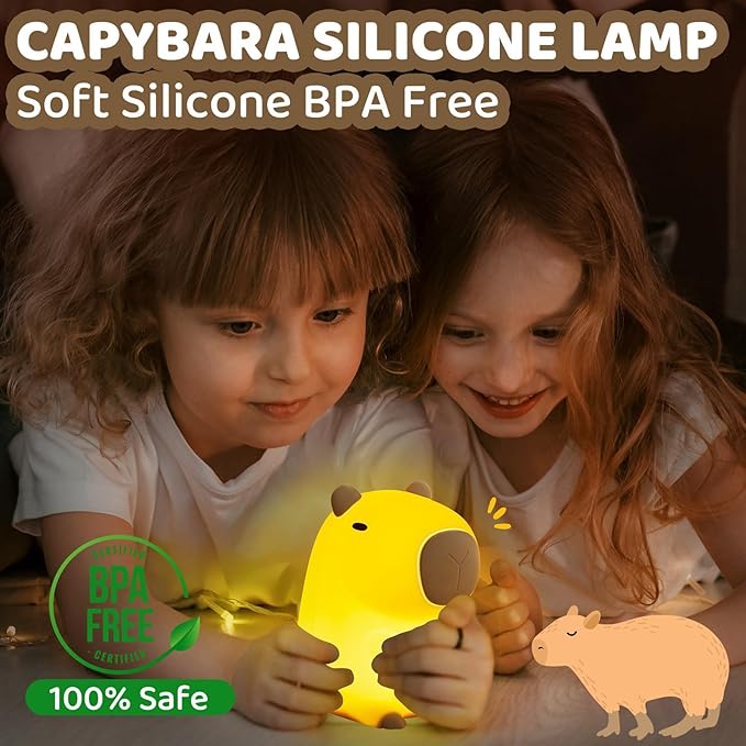 Huggwaii Squishy Capybara Night Light for Kids - Soft Silicone Tap-Control Kids Night Light with 2 Brightness Levels & 20-Min Timer, Cute Lamp for Nursery Bedroom Decor, Baby Gift (1200mAh Battery)